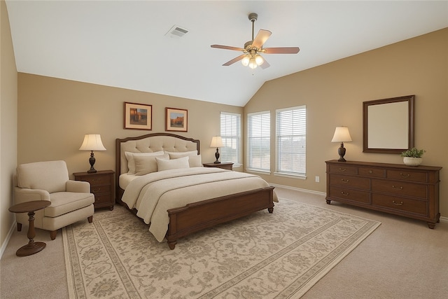 1605 Dominik Dr, College Station, TX 77840 - bedroom with light colored carpet, vaulted ceiling, baseboards, and ceiling fan