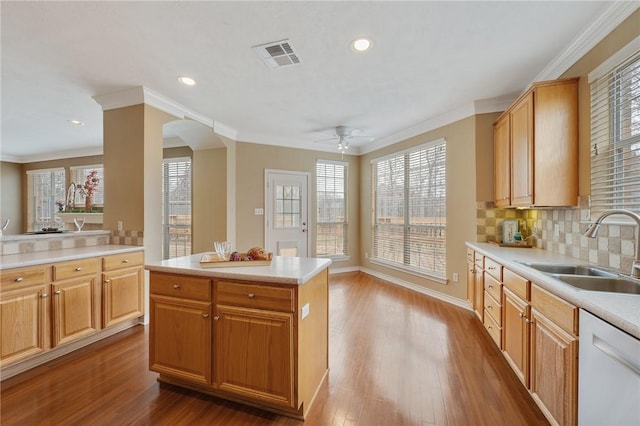 kitchen with tasteful backsplash, visible vents, white dishwasher, a sink, and wood finished floors