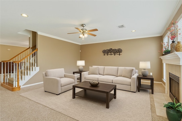 1605 Dominik Dr, College Station, TX 77840 - living area with light colored carpet, ceiling fan, recessed lighting, a tile fireplace, and baseboards