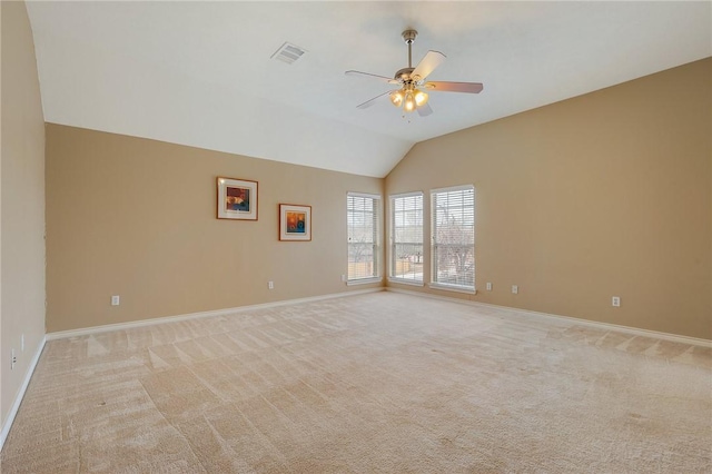 unfurnished room featuring light carpet, baseboards, visible vents, a ceiling fan, and lofted ceiling