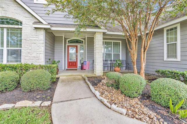 291 Berkley Dr, Montgomery, TX 77356 - view of exterior entry with covered porch and stone siding