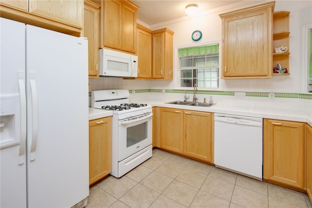 kitchen with tile countertops, open shelves, decorative backsplash, a sink, and white appliances