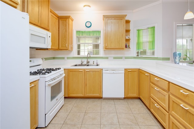 kitchen featuring white appliances, a sink, decorative backsplash, open shelves, and decorative light fixtures