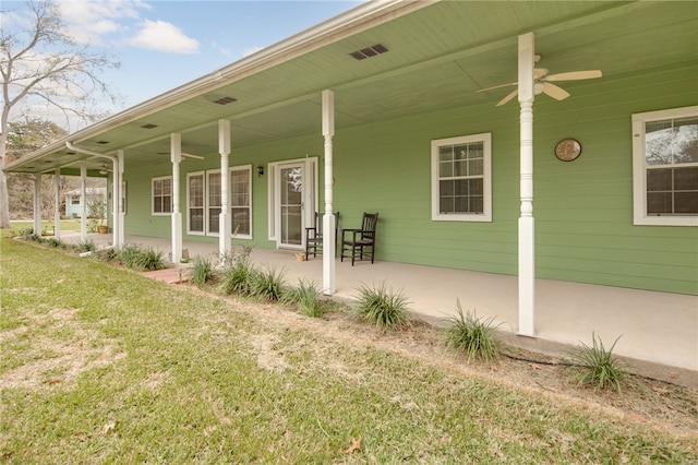 view of patio with covered porch and a ceiling fan