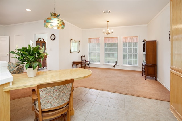 dining room featuring light carpet, a notable chandelier, visible vents, and crown molding