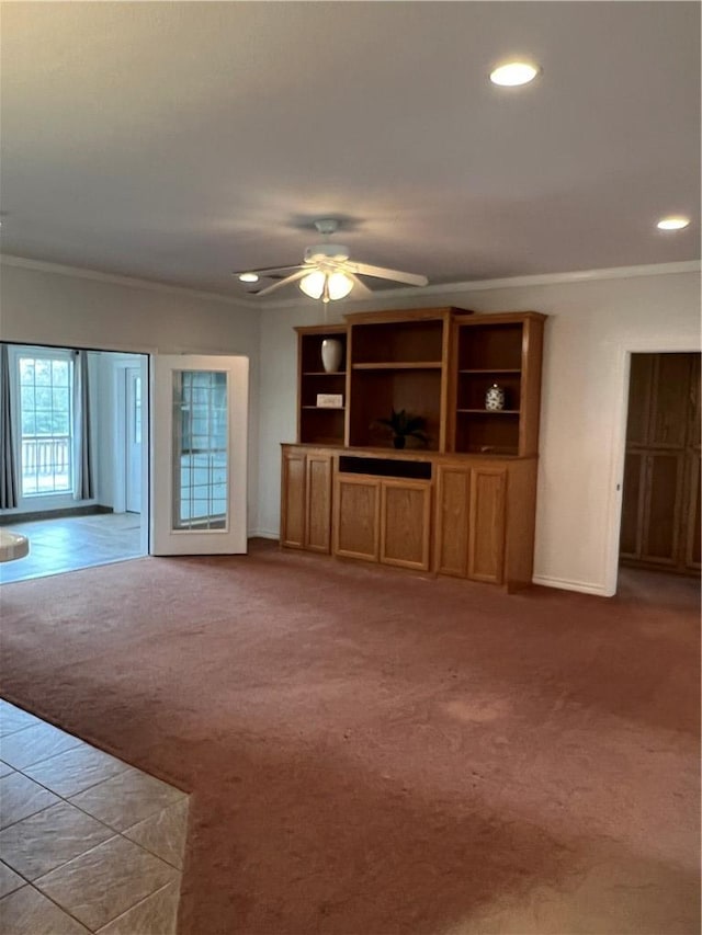 unfurnished living room with baseboards, a ceiling fan, ornamental molding, carpet flooring, and recessed lighting