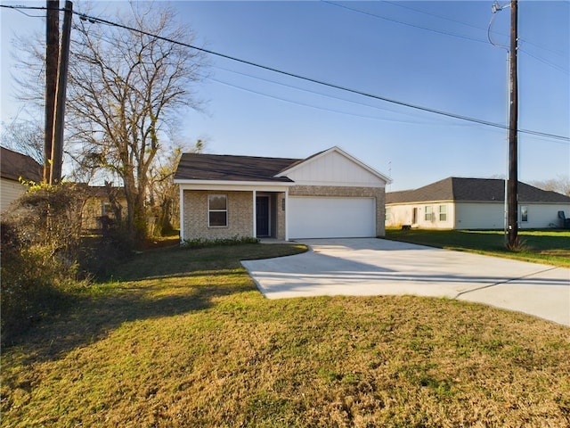 ranch-style home featuring a garage and a front yard