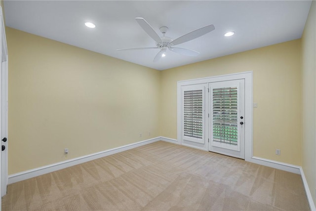 unfurnished room featuring carpet, baseboards, a ceiling fan, and recessed lighting