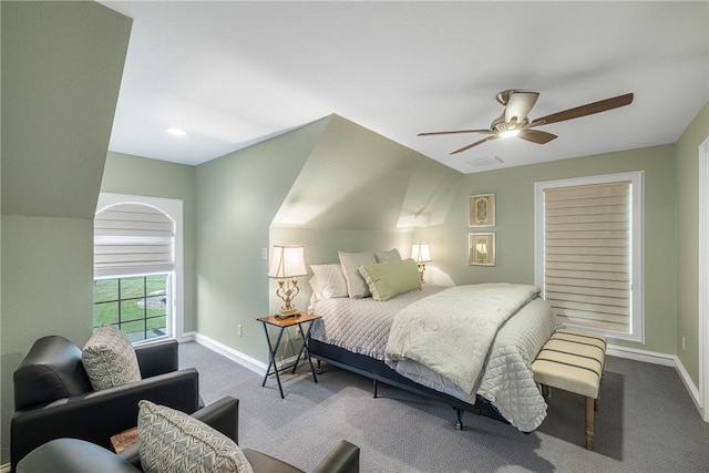 carpeted bedroom with baseboards and ceiling fan