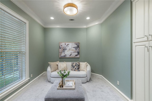 living room featuring carpet flooring and crown molding