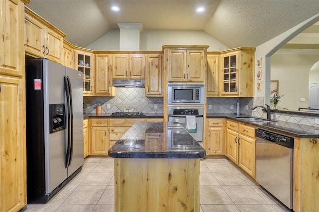 2703 Wood Ct, Bryan, TX 77808 - kitchen featuring appliances with stainless steel finishes, lofted ceiling, a sink, light brown cabinetry, and under cabinet range hood