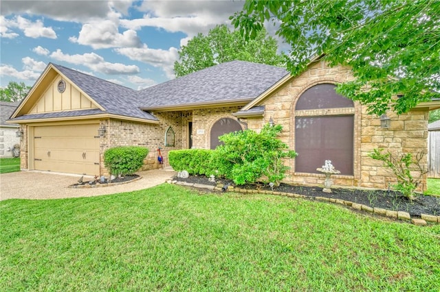 2703 Wood Ct, Bryan, TX 77808 - ranch-style house featuring board and batten siding, a garage, a front lawn, and a shingled roof
