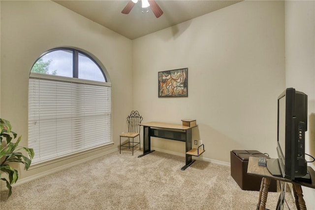 2703 Wood Ct, Bryan, TX 77808 - living area with ceiling fan, carpet, baseboards, lofted ceiling, and an office area