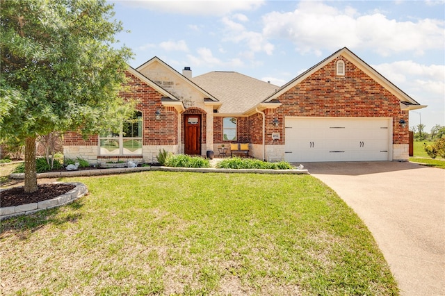 view of front facade featuring brick siding, driveway, a chimney, and a front yard