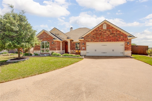 view of front of home with brick siding, an attached garage, fence, a front yard, and driveway