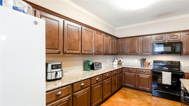 kitchen with black appliances, ornamental molding, and light stone countertops