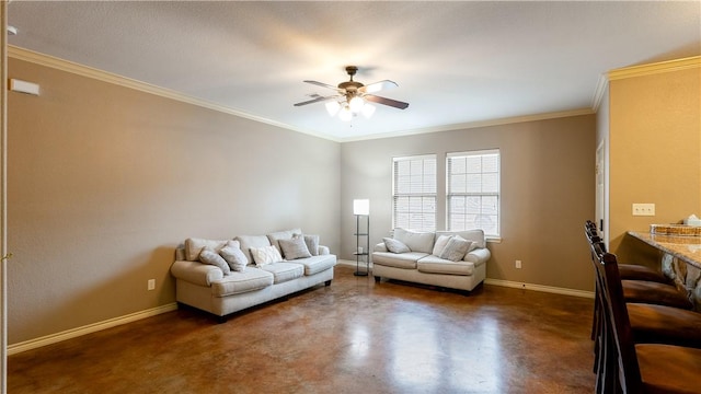 living room featuring ceiling fan, crown molding, finished concrete floors, and baseboards