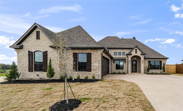 french country style house with a garage