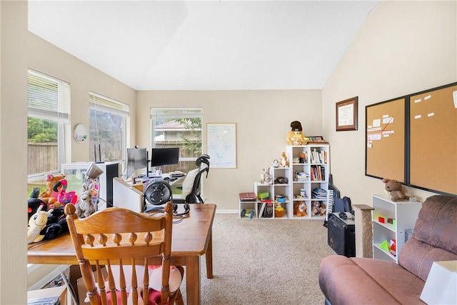 3807 Meadow View Dr, College Station, TX 77845 - carpeted home office featuring lofted ceiling and baseboards