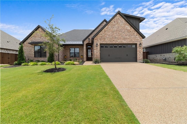 view of front facade featuring an attached garage, a front lawn, concrete driveway, and brick siding