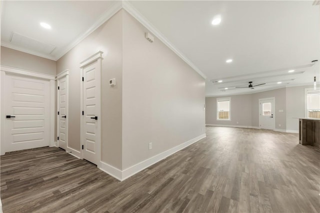 2908 Goldberg Dr, Bryan, TX 77808 - unfurnished living room featuring ornamental molding, recessed lighting, wood finished floors, a ceiling fan, and baseboards