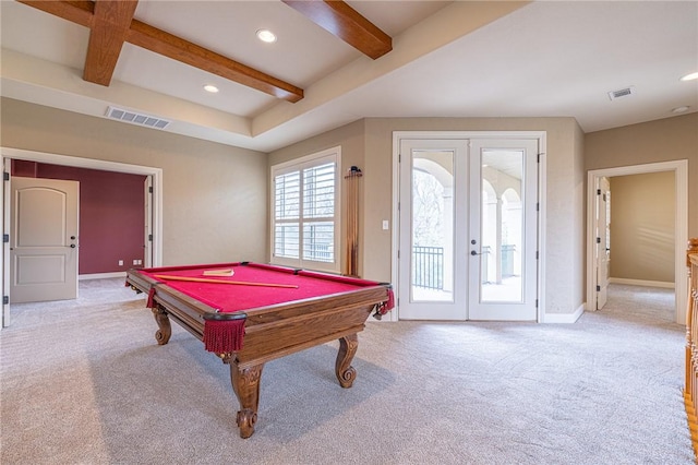 recreation room featuring visible vents, beamed ceiling, pool table, and french doors