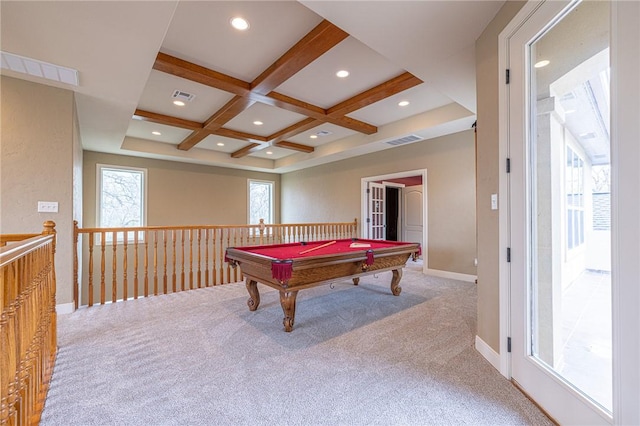 recreation room with visible vents, beamed ceiling, coffered ceiling, and carpet floors