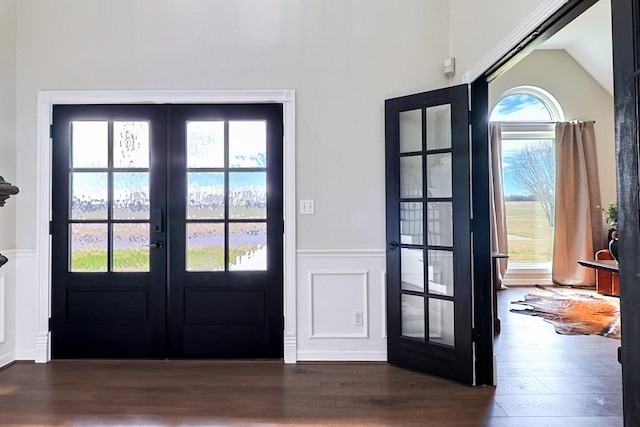 entryway featuring a healthy amount of sunlight, french doors, dark hardwood / wood-style flooring, and vaulted ceiling