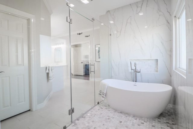 bathroom featuring tile patterned flooring and independent shower and bath