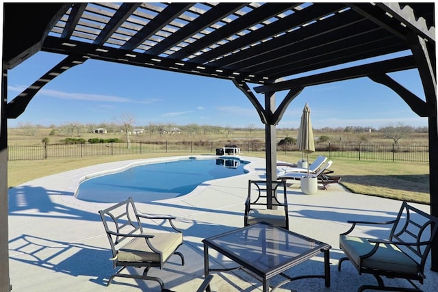 view of patio with a fenced in pool, a rural view, and a pergola