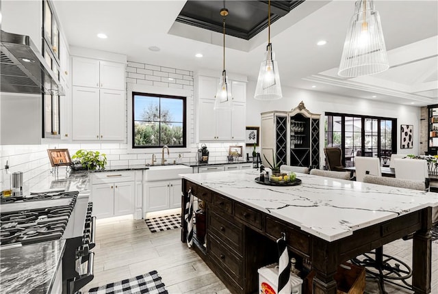 kitchen featuring a raised ceiling, wall chimney exhaust hood, a healthy amount of sunlight, white cabinetry, and a sink