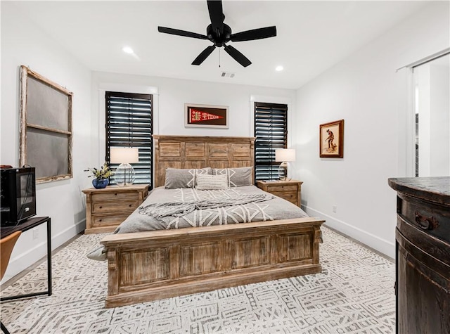 bedroom featuring baseboards, visible vents, ceiling fan, and recessed lighting