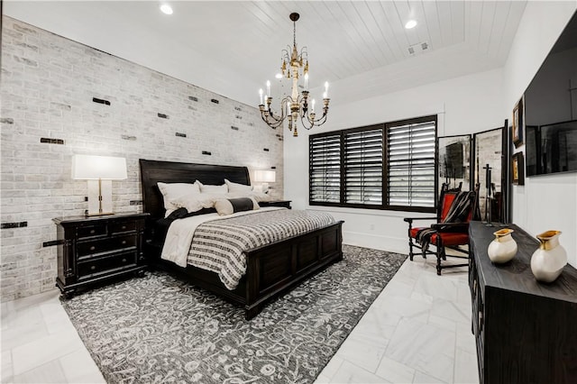 bedroom with wooden ceiling, visible vents, brick wall, and an inviting chandelier