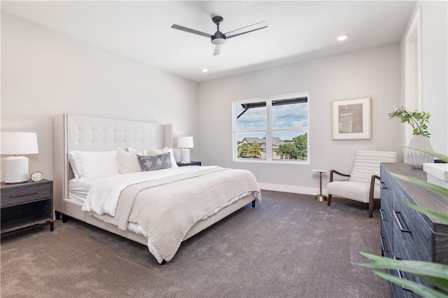 242 Estates Cir, College Station, TX 77840 - bedroom featuring dark carpet, baseboards, a ceiling fan, and recessed lighting