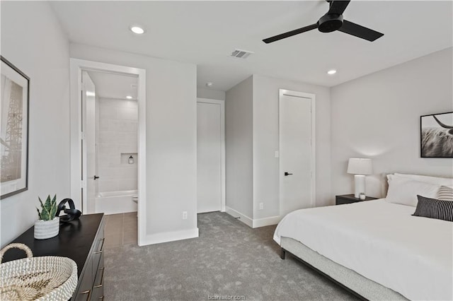 carpeted bedroom with a ceiling fan, visible vents, baseboards, connected bathroom, and recessed lighting