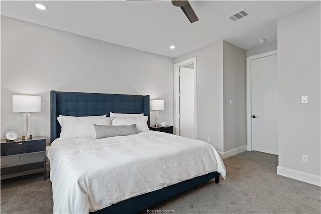 bedroom with carpet flooring, recessed lighting, baseboards, a ceiling fan, and visible vents