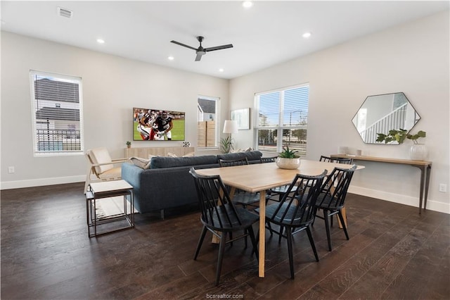 dining space with visible vents, baseboards, dark wood-style floors, recessed lighting, and a ceiling fan