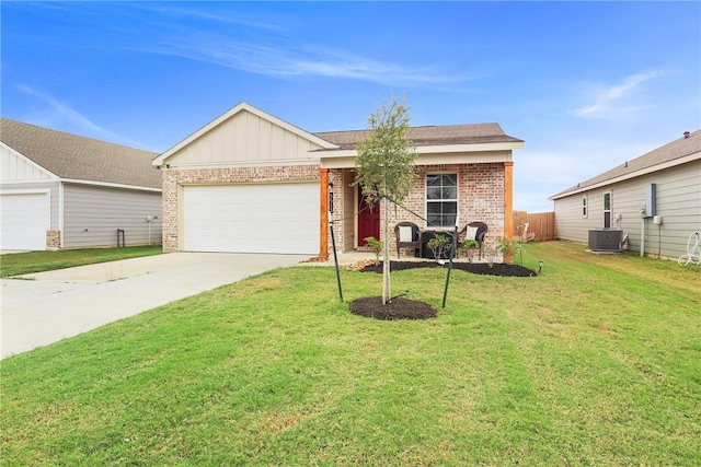 ranch-style home with central air condition unit, a front lawn, and a garage