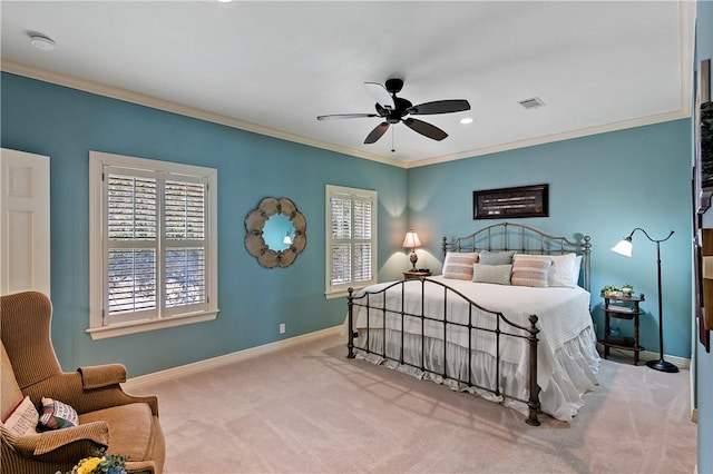 bedroom with light colored carpet and ornamental molding