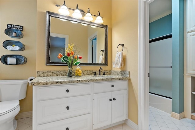 full bathroom with vanity, tile patterned flooring, enclosed tub / shower combo, and toilet