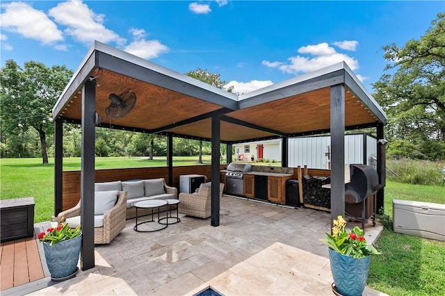view of patio / terrace featuring a gazebo, grilling area, an outdoor hangout area, and area for grilling