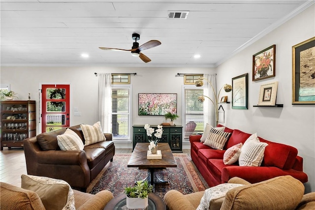 living room with ceiling fan, recessed lighting, visible vents, and wood finished floors