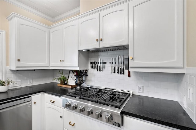 kitchen featuring ornamental molding, white cabinetry, and appliances with stainless steel finishes