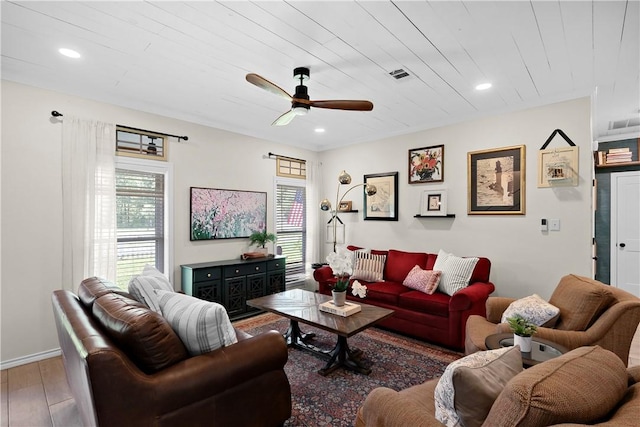 living room featuring wood finished floors, visible vents, recessed lighting, wooden ceiling, and a ceiling fan