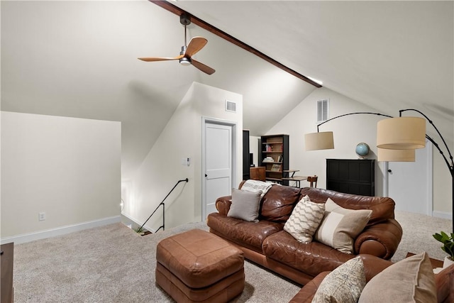 living room featuring ceiling fan, carpet flooring, visible vents, and vaulted ceiling with beams