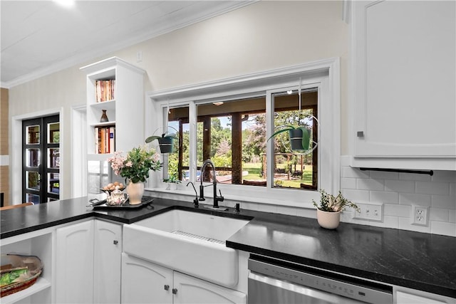 kitchen with dishwasher, a sink, white cabinetry, open shelves, and crown molding