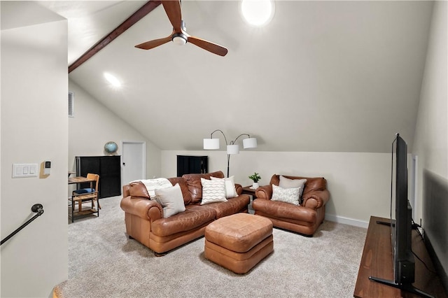 carpeted living room featuring vaulted ceiling, visible vents, and ceiling fan