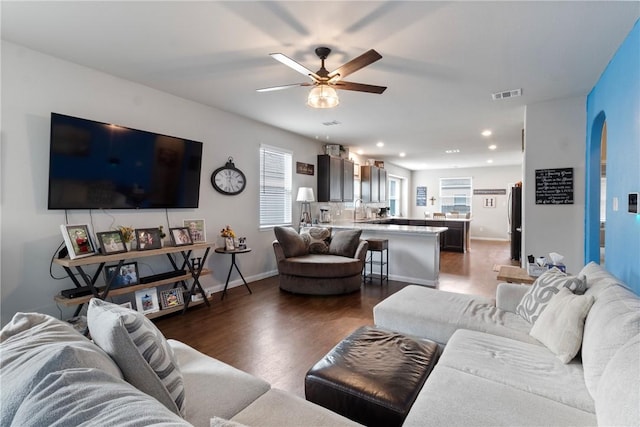 974 Marquis Dr, Bryan, TX 77803 - living room featuring ceiling fan, dark wood finished floors, and recessed lighting