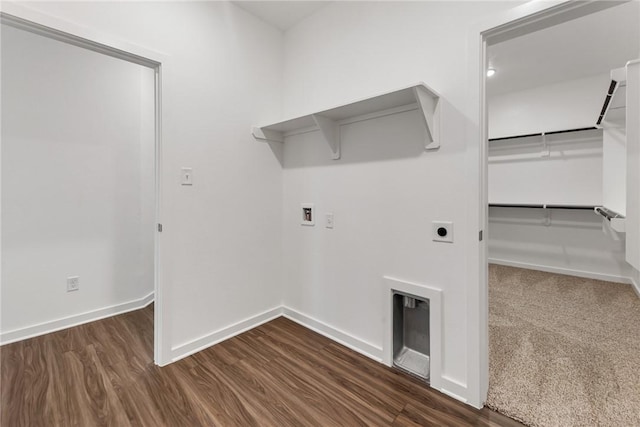 washroom featuring laundry area, dark wood-type flooring, washer hookup, baseboards, and electric dryer hookup