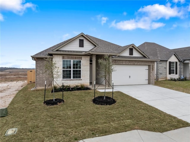 single story home with a garage, driveway, and a front lawn